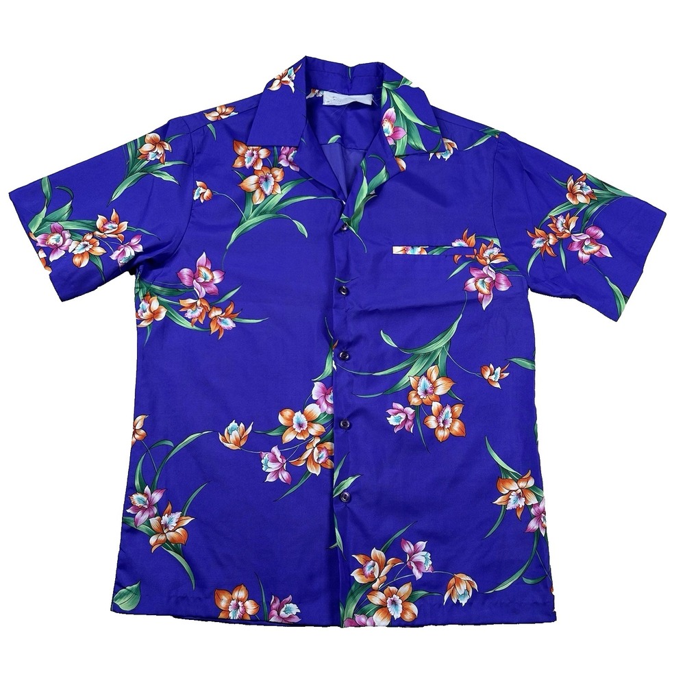 Vintage Hilo Hattie Shirt Mens L Aloha Hawaiian 60s Floral Tiki Purple Luau Camp